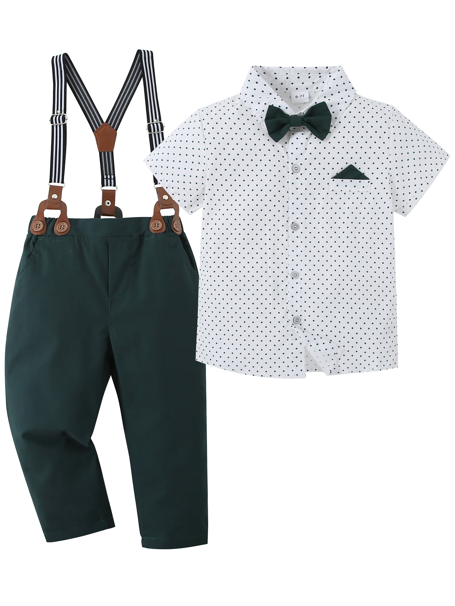 CARETOO Boy Clothes Suits Toddler Dress Shirt Bowtie Suspender Pants Outfit Sets Formal Wedding 6-10T 95Cotton